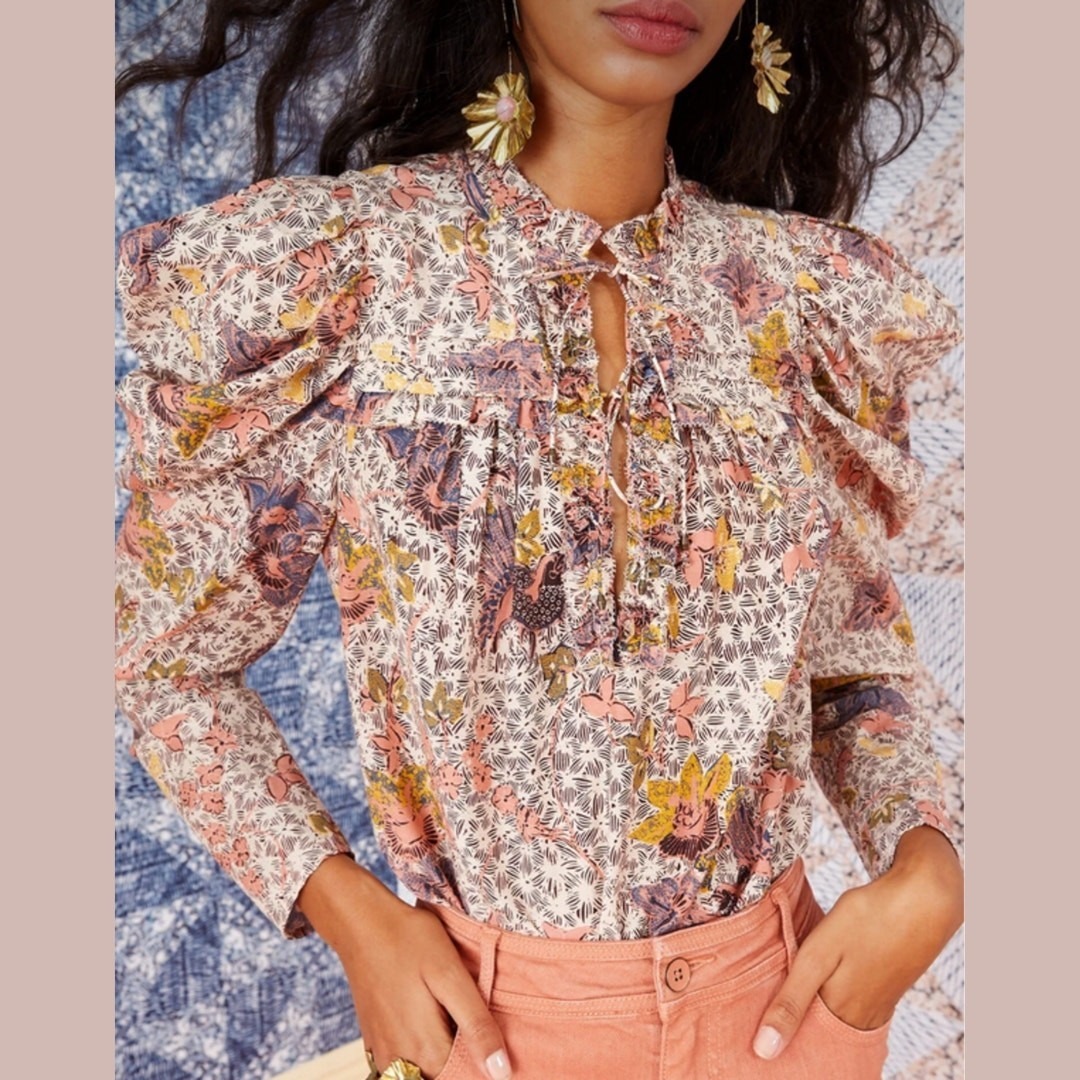 Ulla Johnson Long Sleeve Floral Top Remy Blouse Ivory Pink Cotton Tie V Neck 8